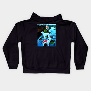 old man on boat with dogs Kids Hoodie